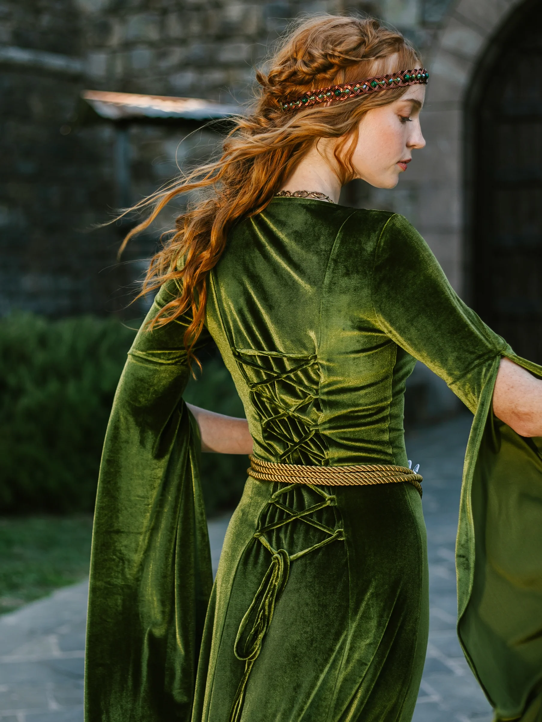 Chartreuse Velvet Bell Sleeve Dress - Image 9