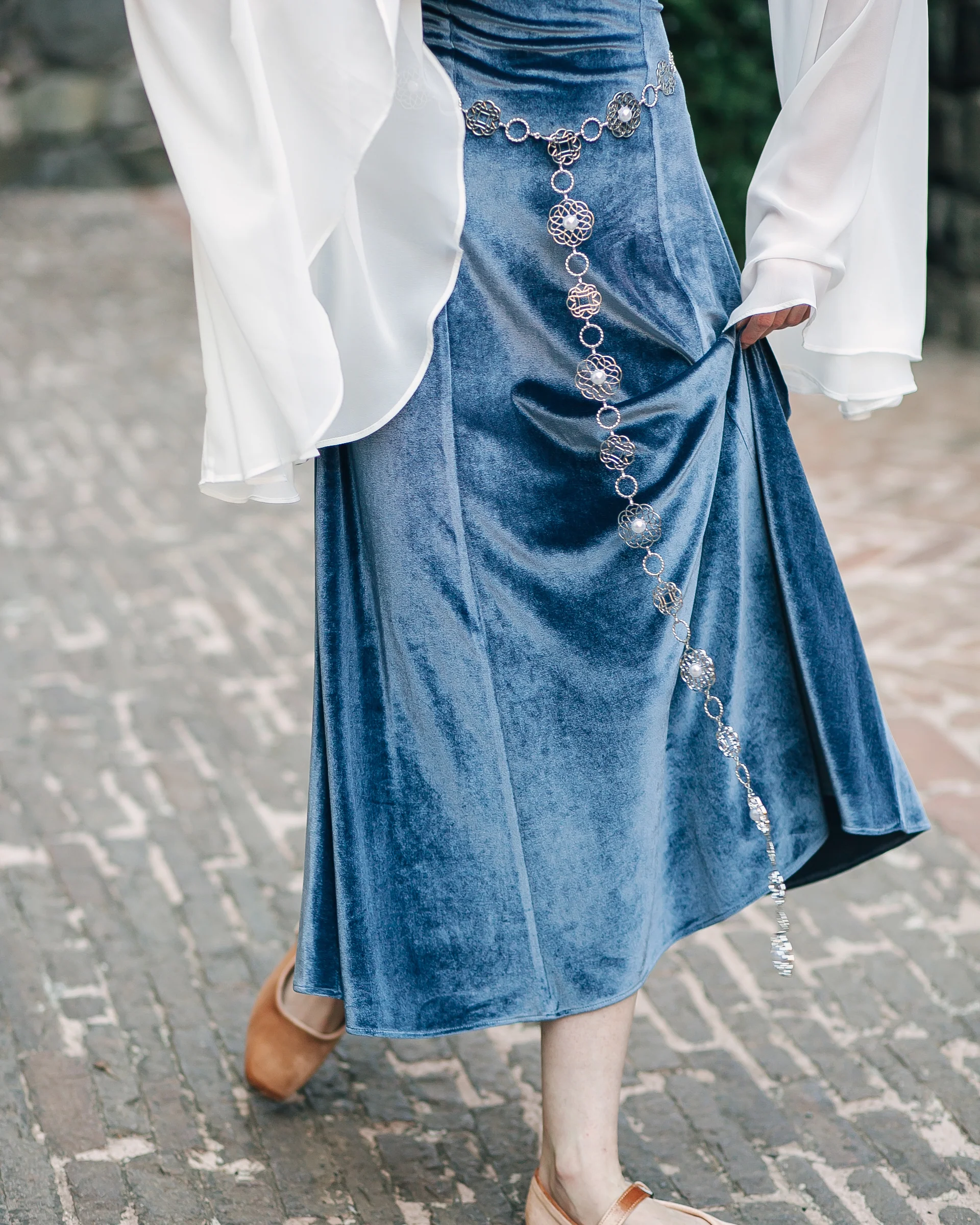 Elven Blue Velvet Bell Sleeve Dress - Image 13