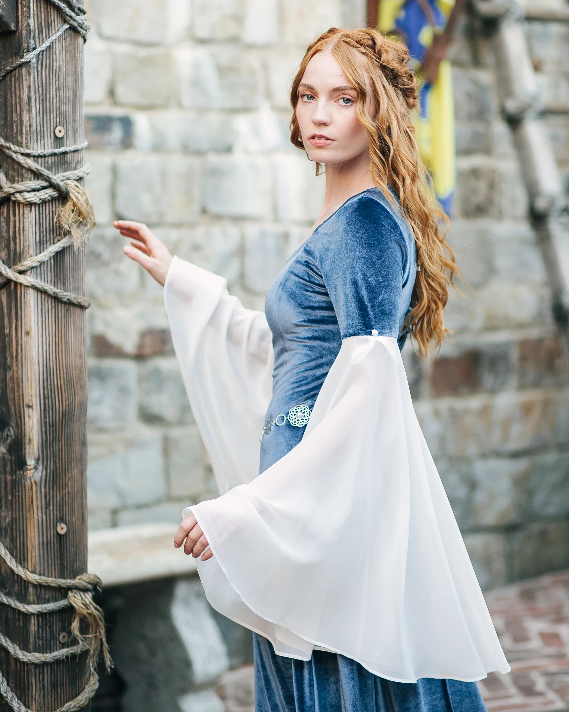 Elven Blue Velvet Bell Sleeve Dress - Image 7