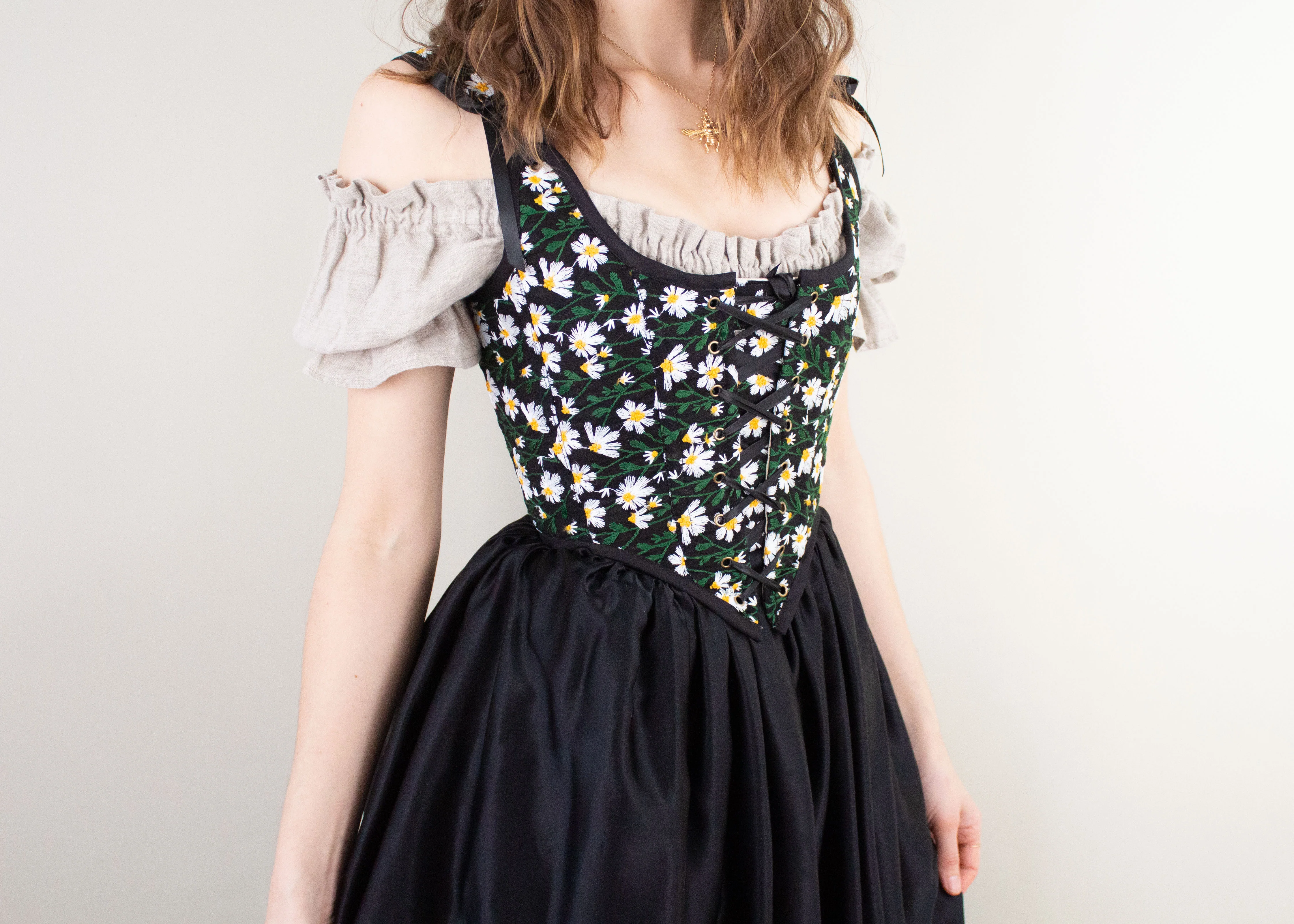 Handmade Black Embroidered Daisies Corset - Image 3