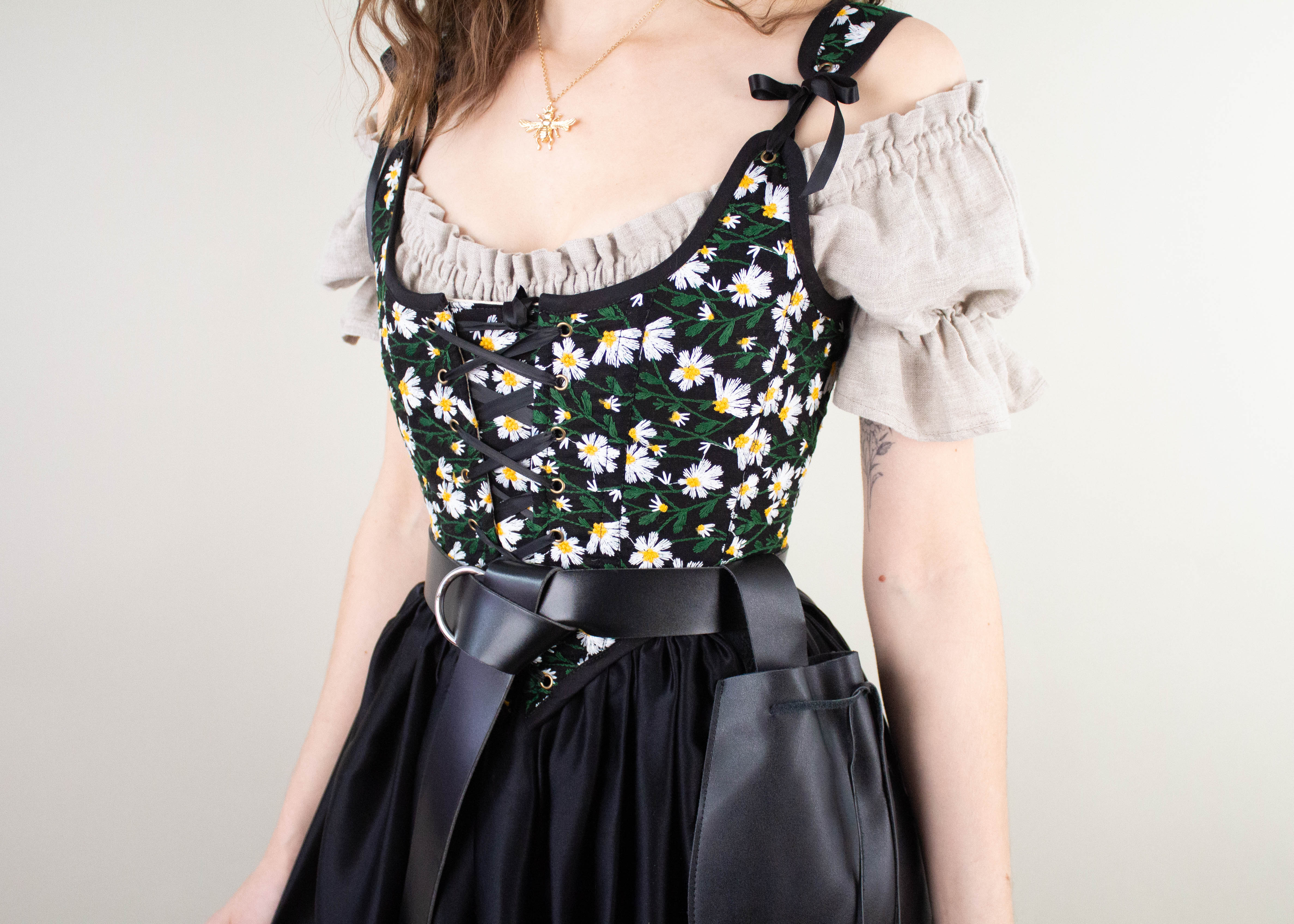 Handmade Black Embroidered Daisies Corset - Image 6