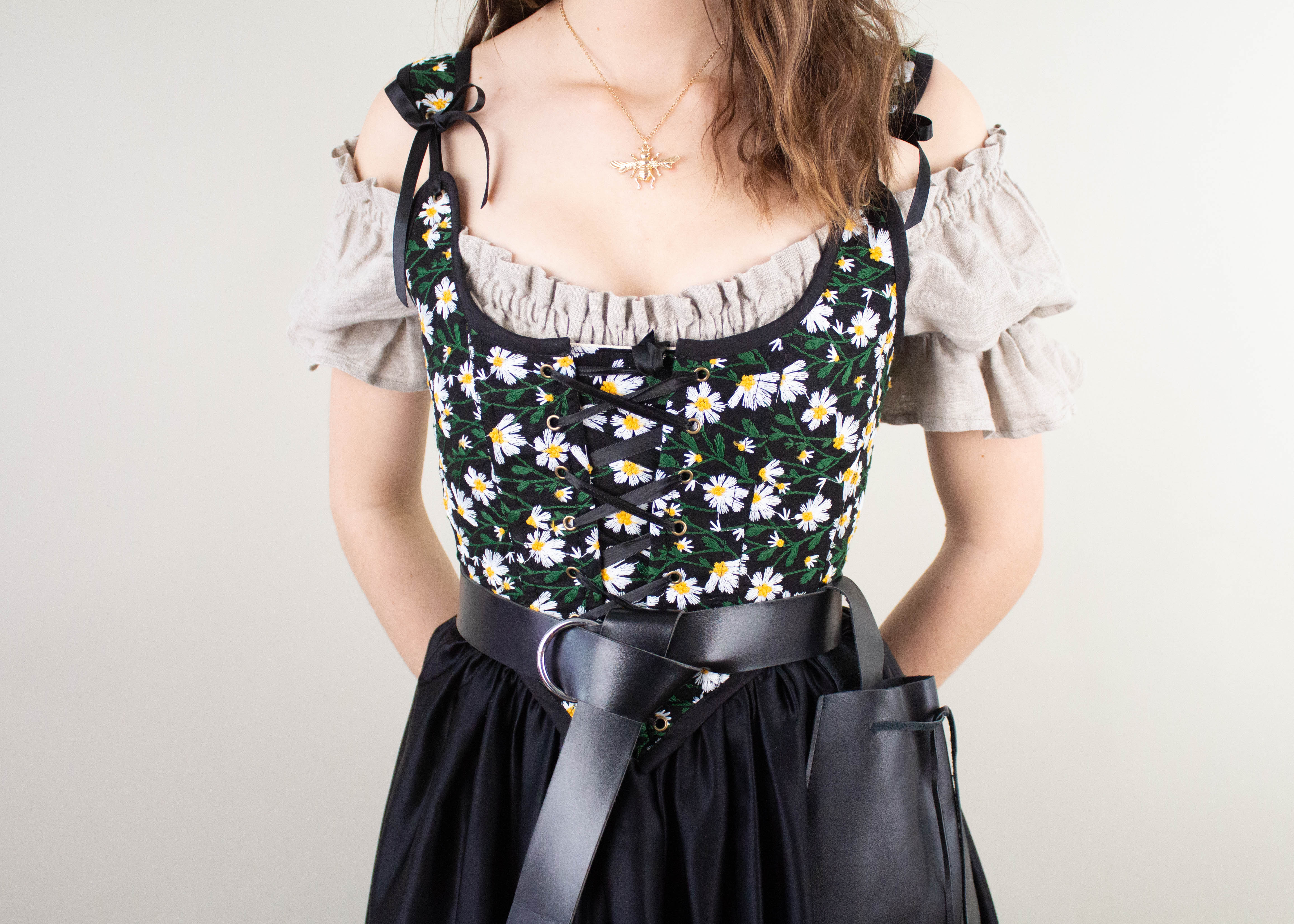 Handmade Black Embroidered Daisies Corset - Image 7