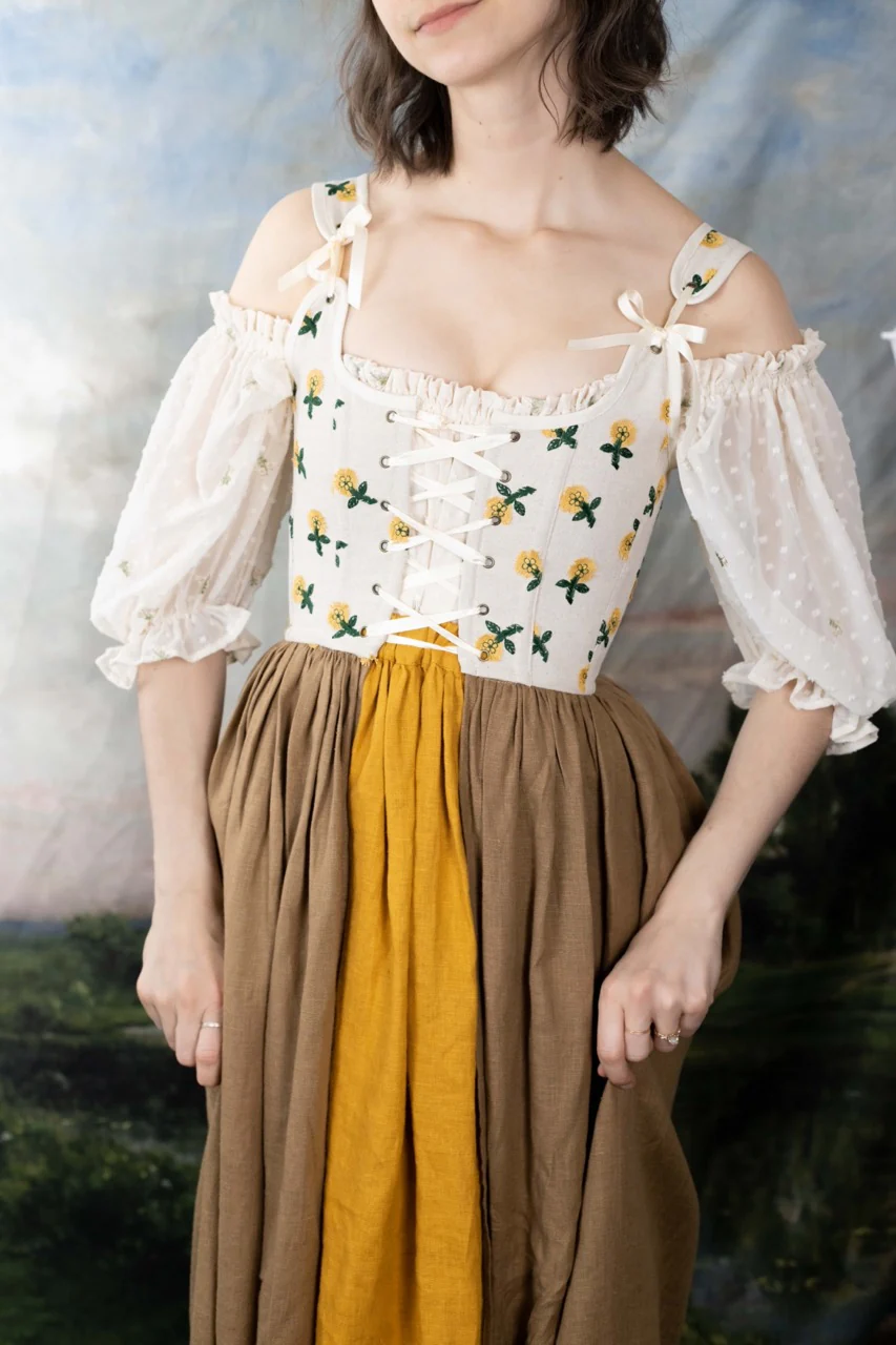Handmade Ivory Dandelion Linen Corset Dress - Image 5