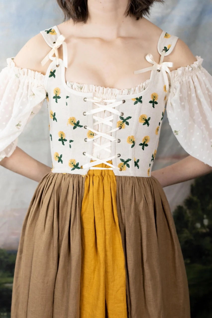 Handmade Ivory Dandelion Linen Corset Dress - Image 6