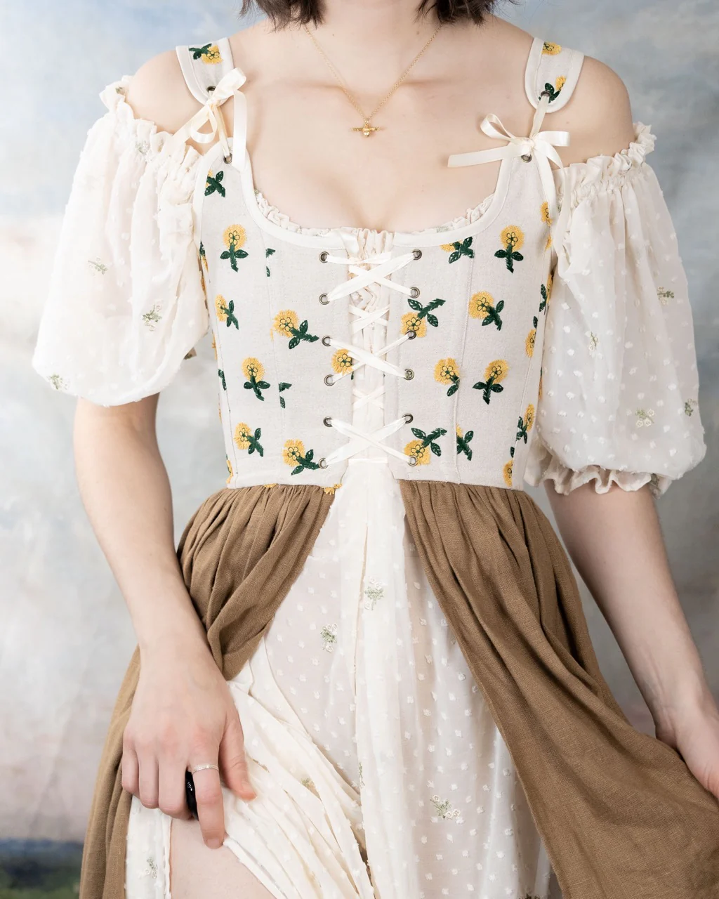 Handmade Ivory Dandelion Linen Corset Dress - Image 9