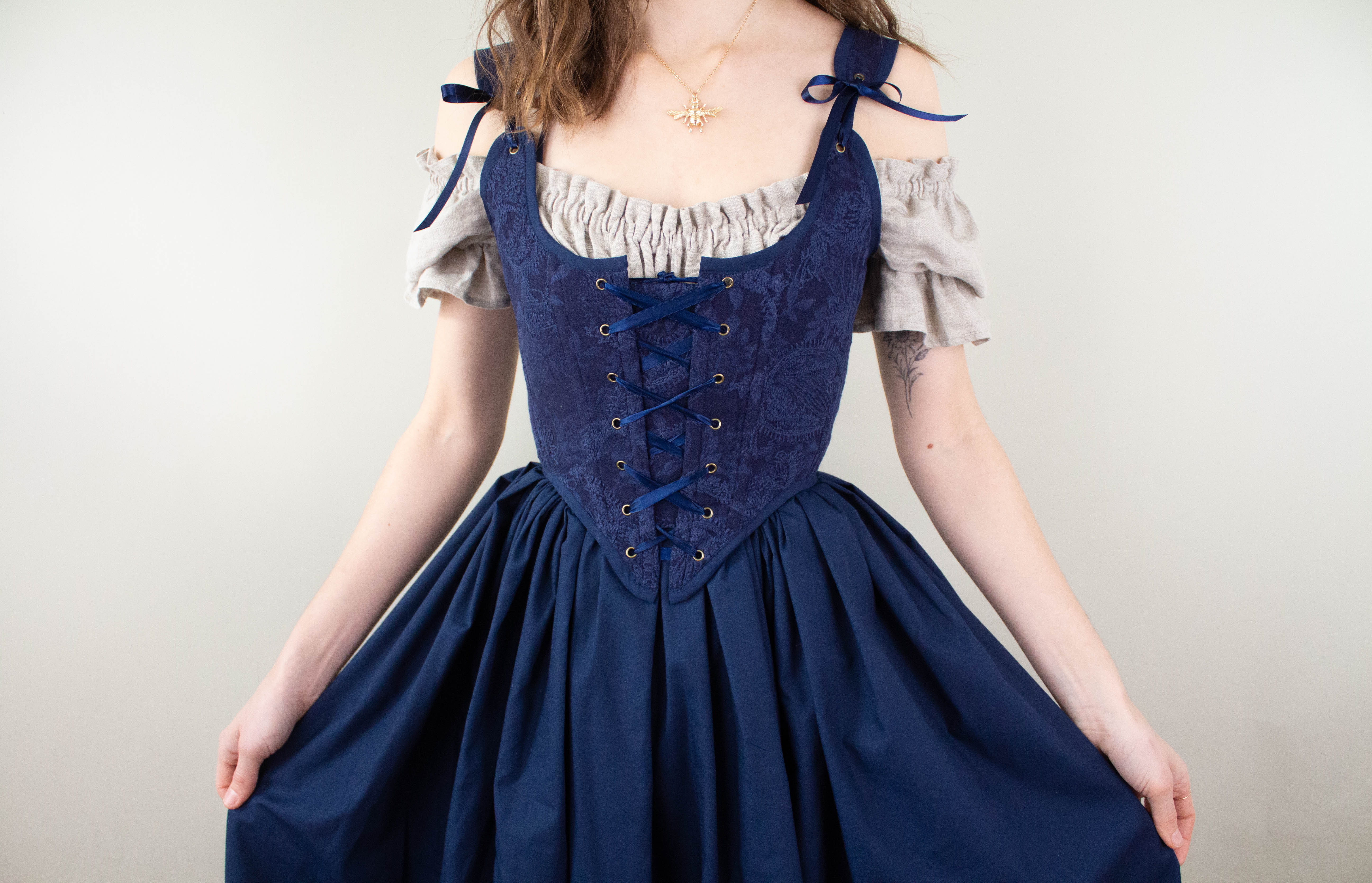 Handmade Navy Blue Embroidered Floral Corset - Image 4