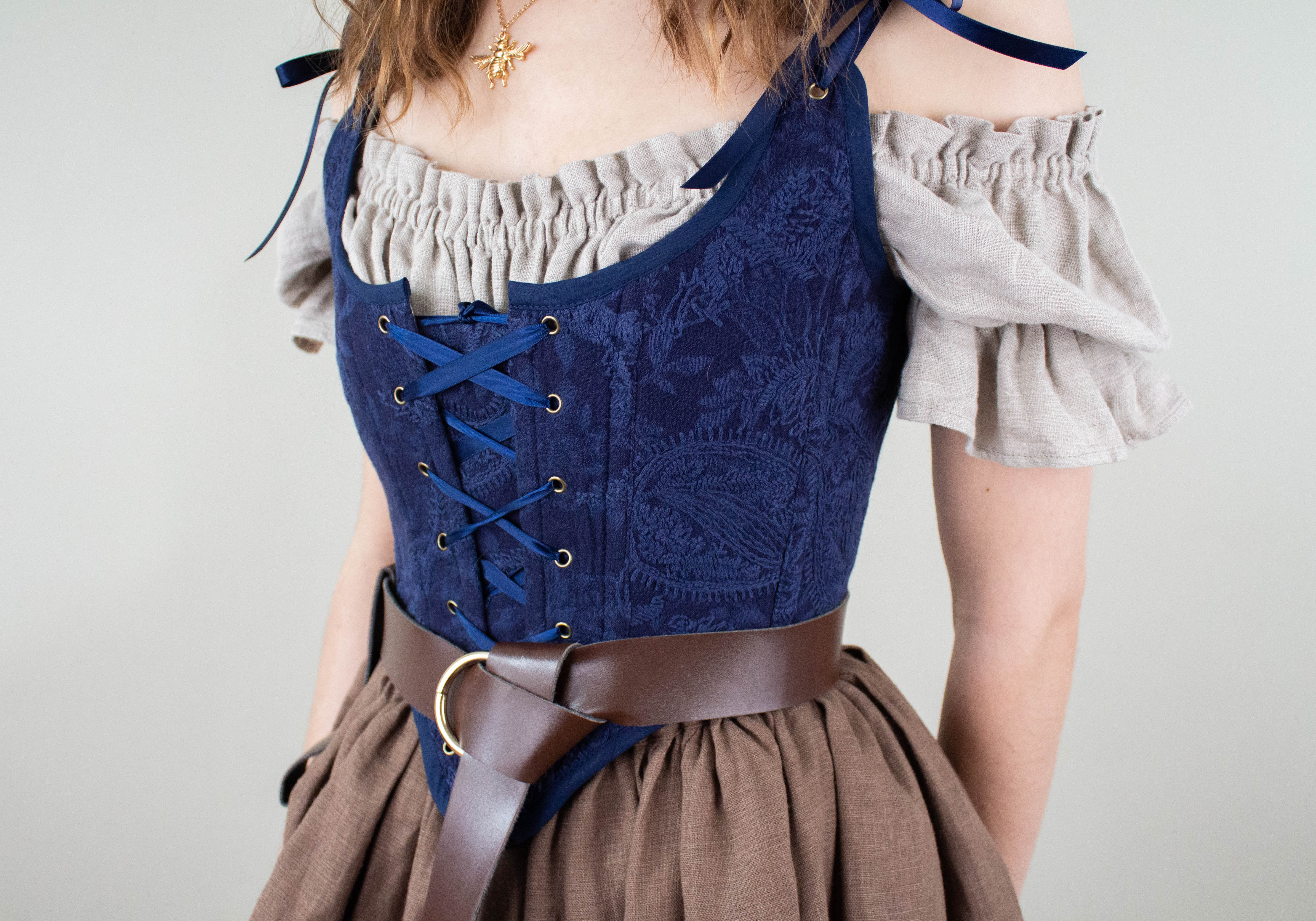 Handmade Navy Blue Embroidered Floral Corset - Image 9