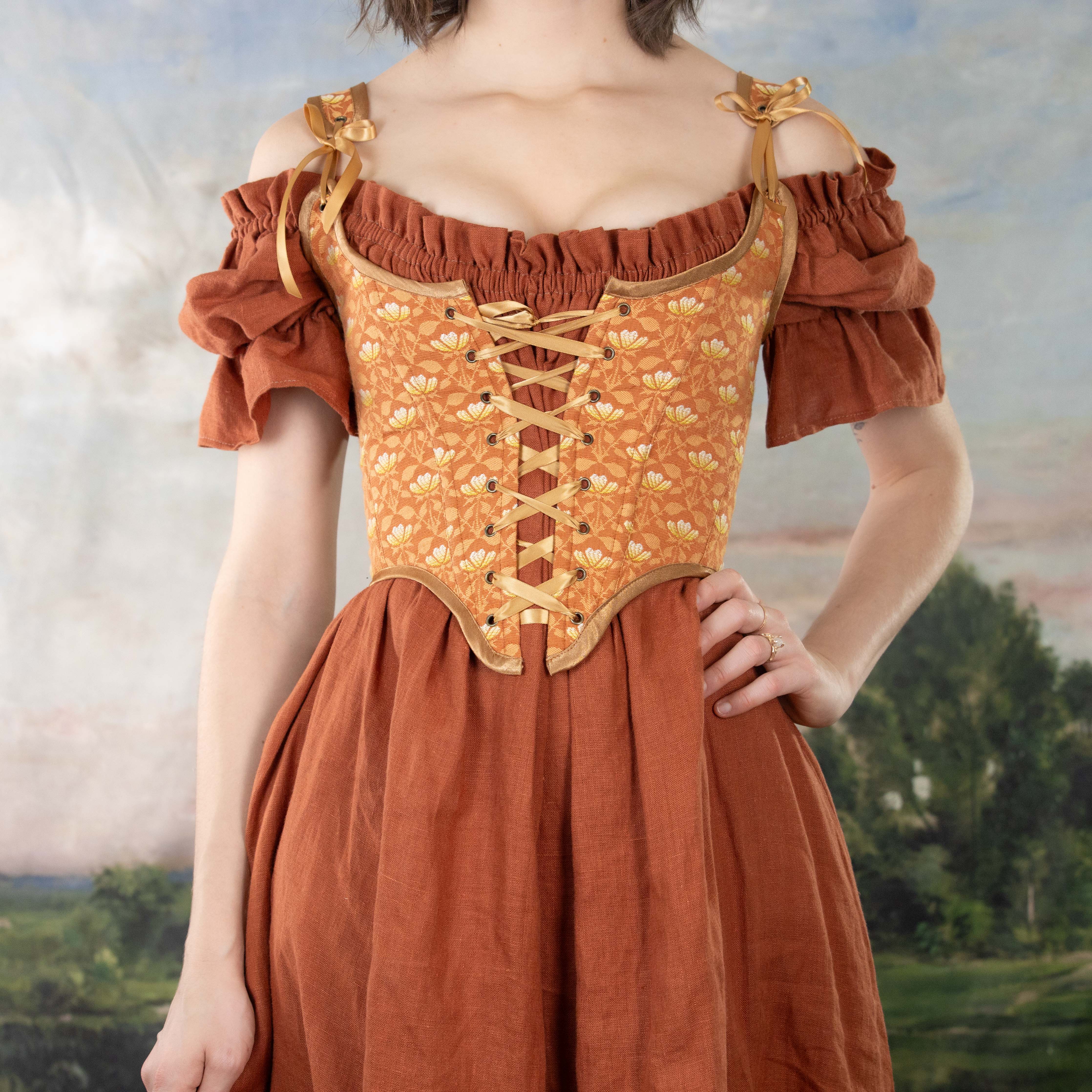 Handmade Orange Floral Jacquard Corset - Image 3
