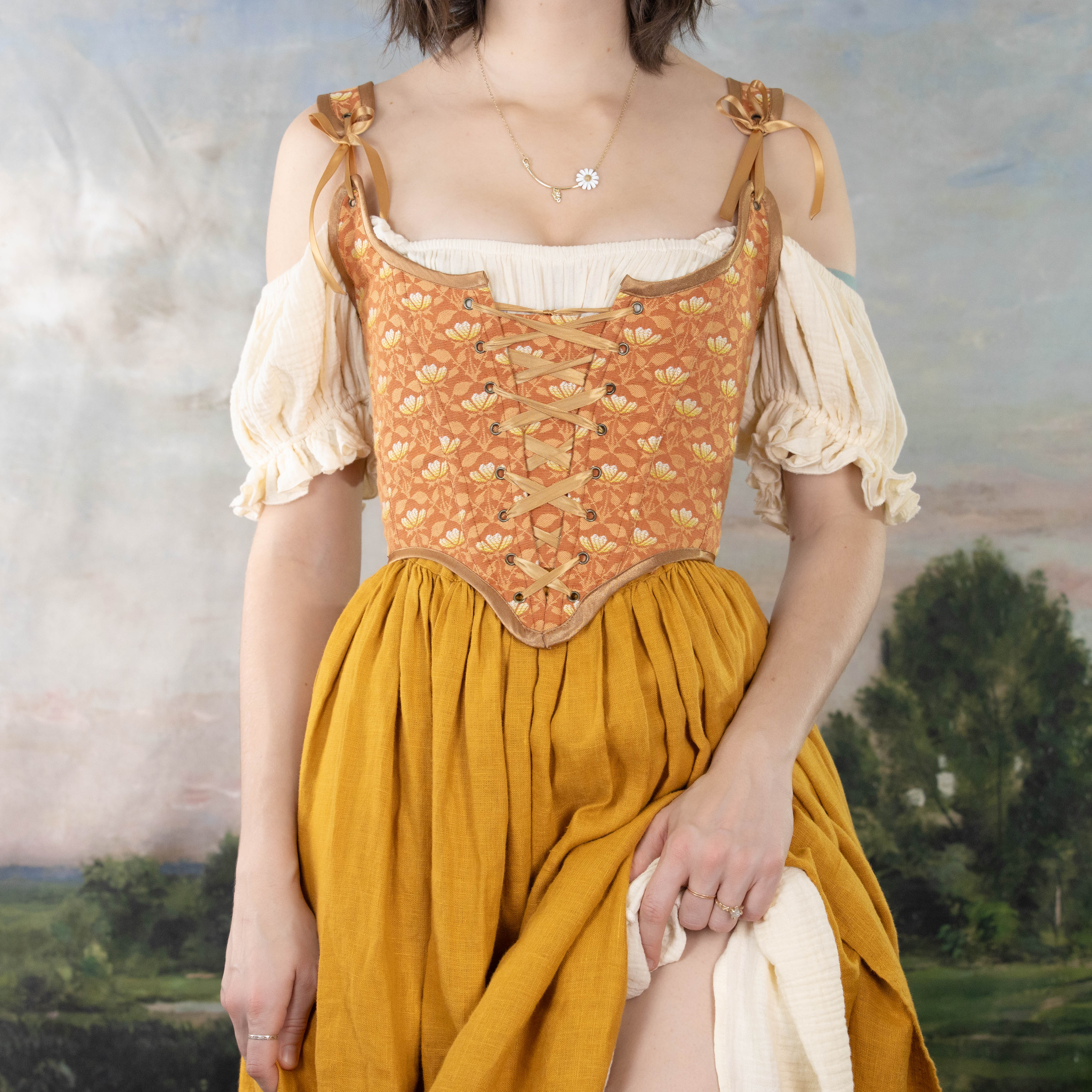 Handmade Orange Floral Jacquard Corset - Image 7