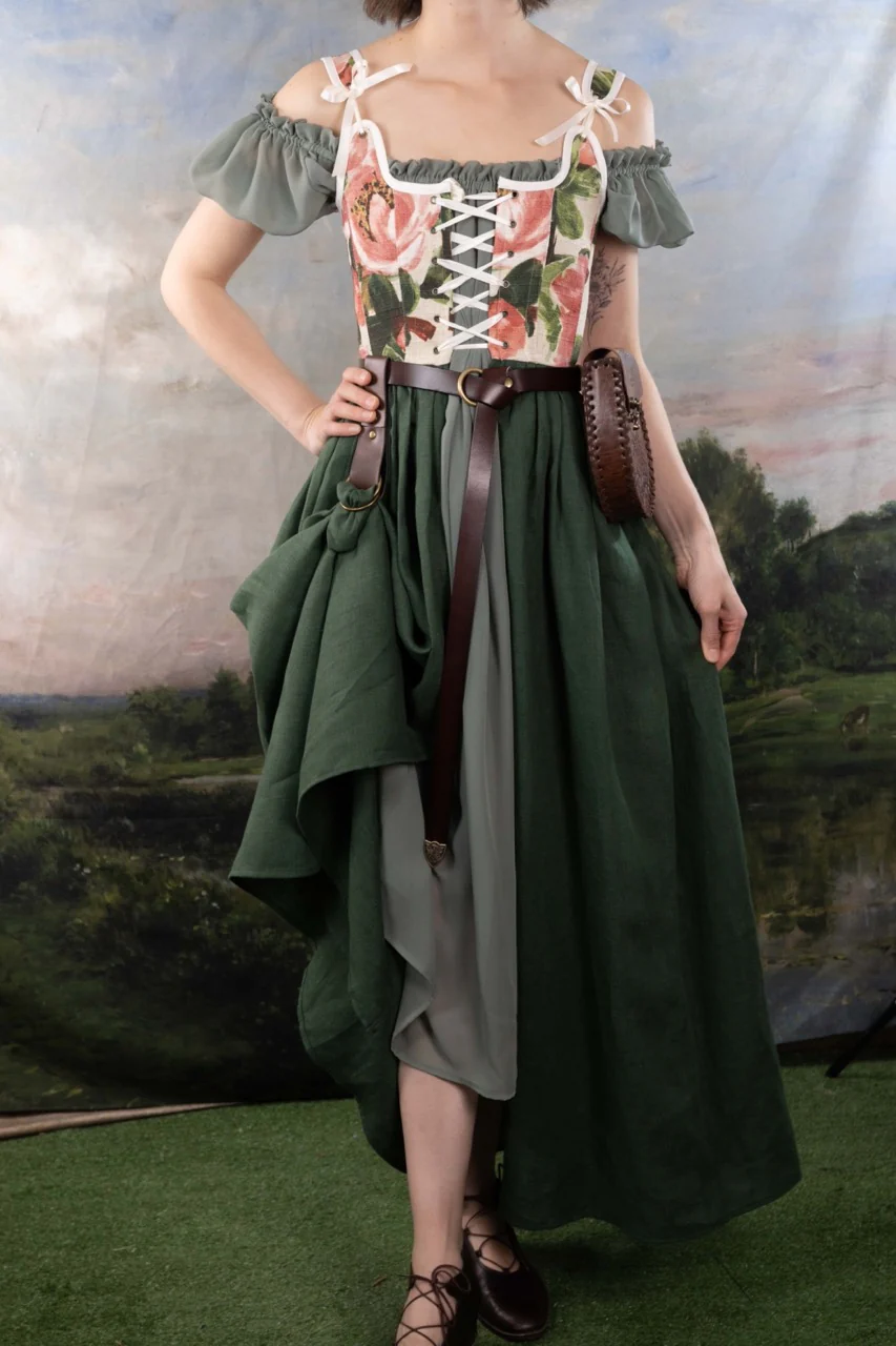 Handmade Pink and Green Floral Linen Corset Dress - Image 2