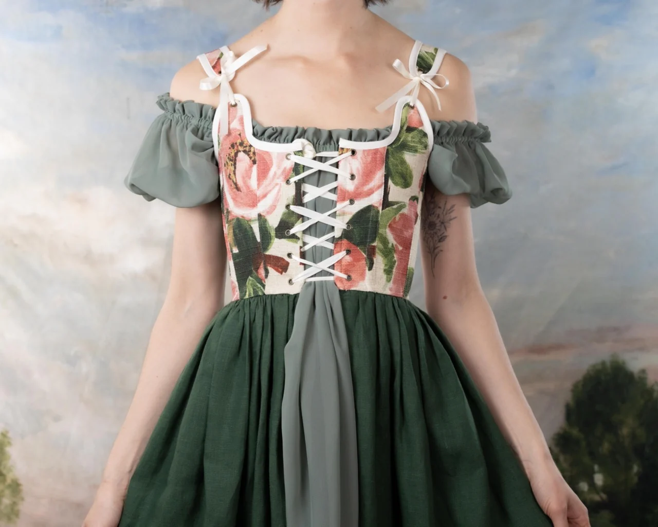 Handmade Pink and Green Floral Linen Corset Dress - Image 6