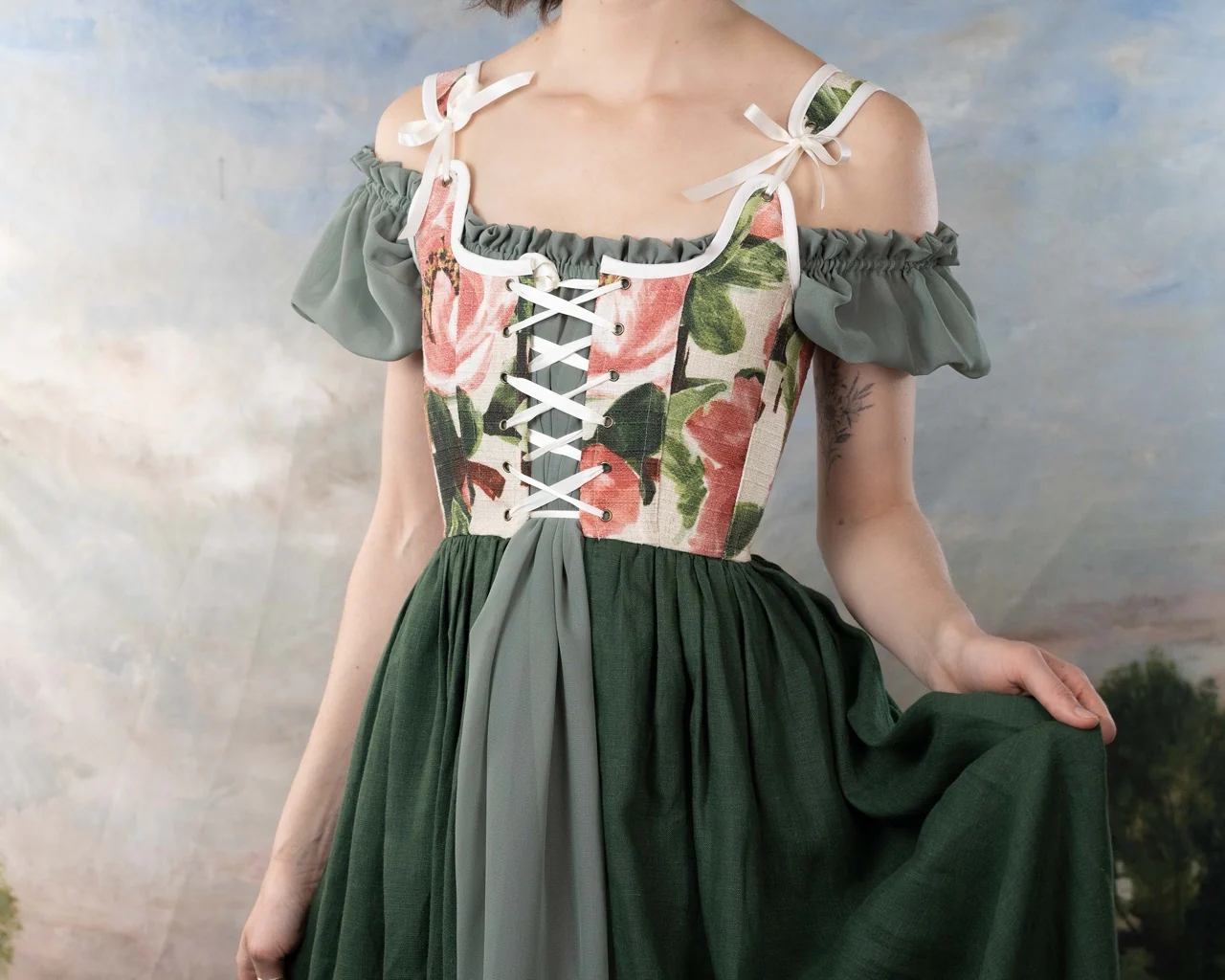 Handmade Pink and Green Floral Linen Corset Dress - Image 7