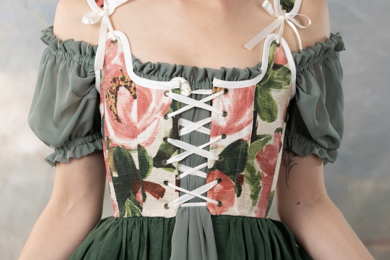 Handmade Pink and Green Floral Linen Corset Dress - Image 8