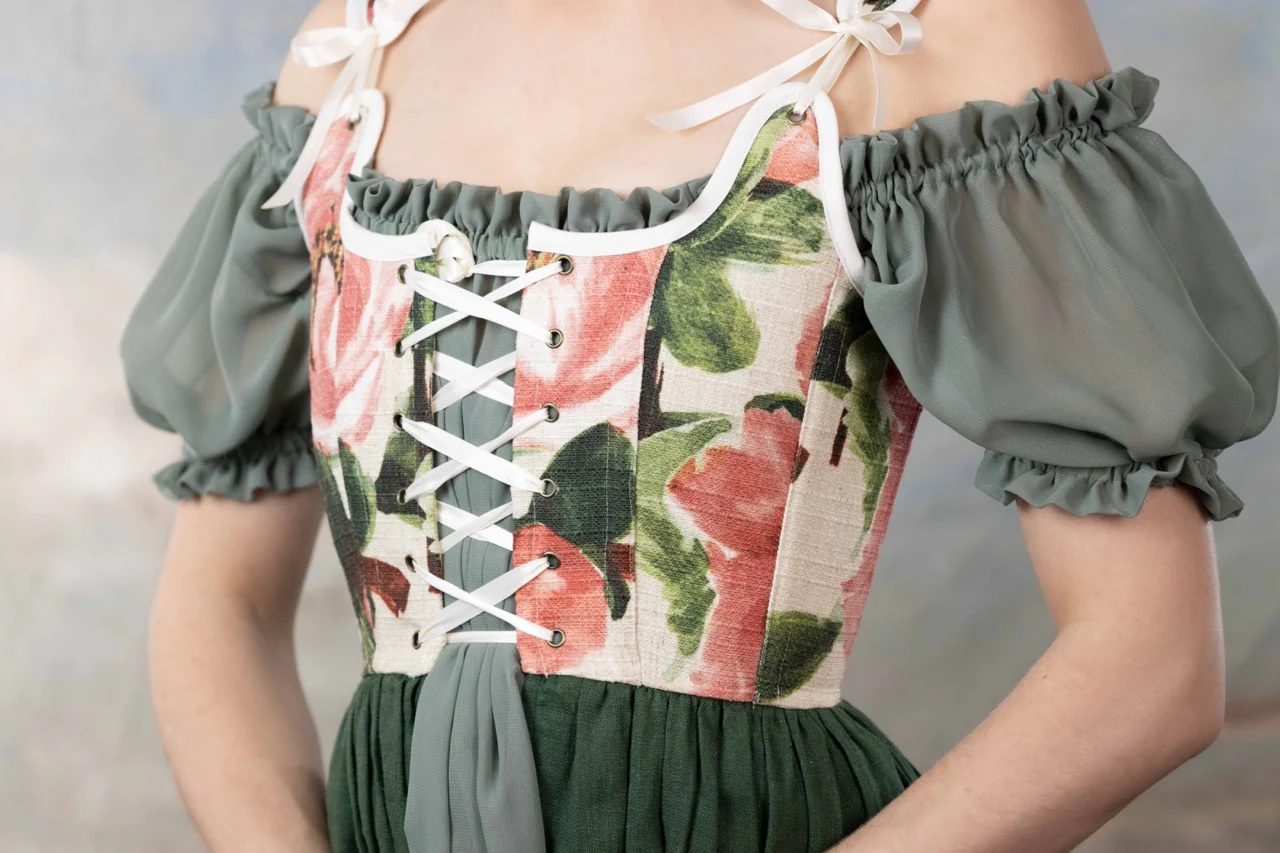 Handmade Pink and Green Floral Linen Corset Dress - Image 9