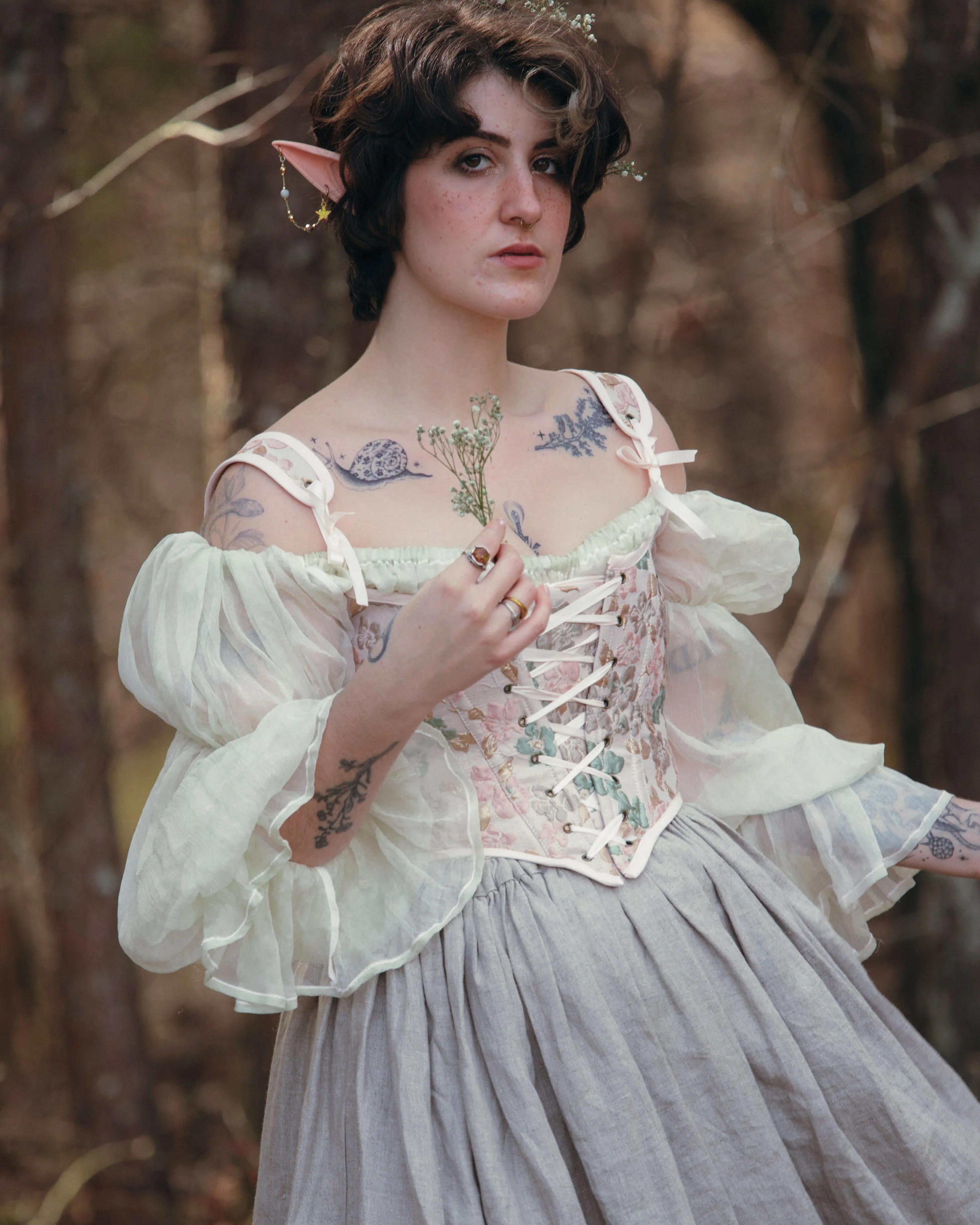 Handmade Pink Gold and Green Jacquard Corset - Image 2