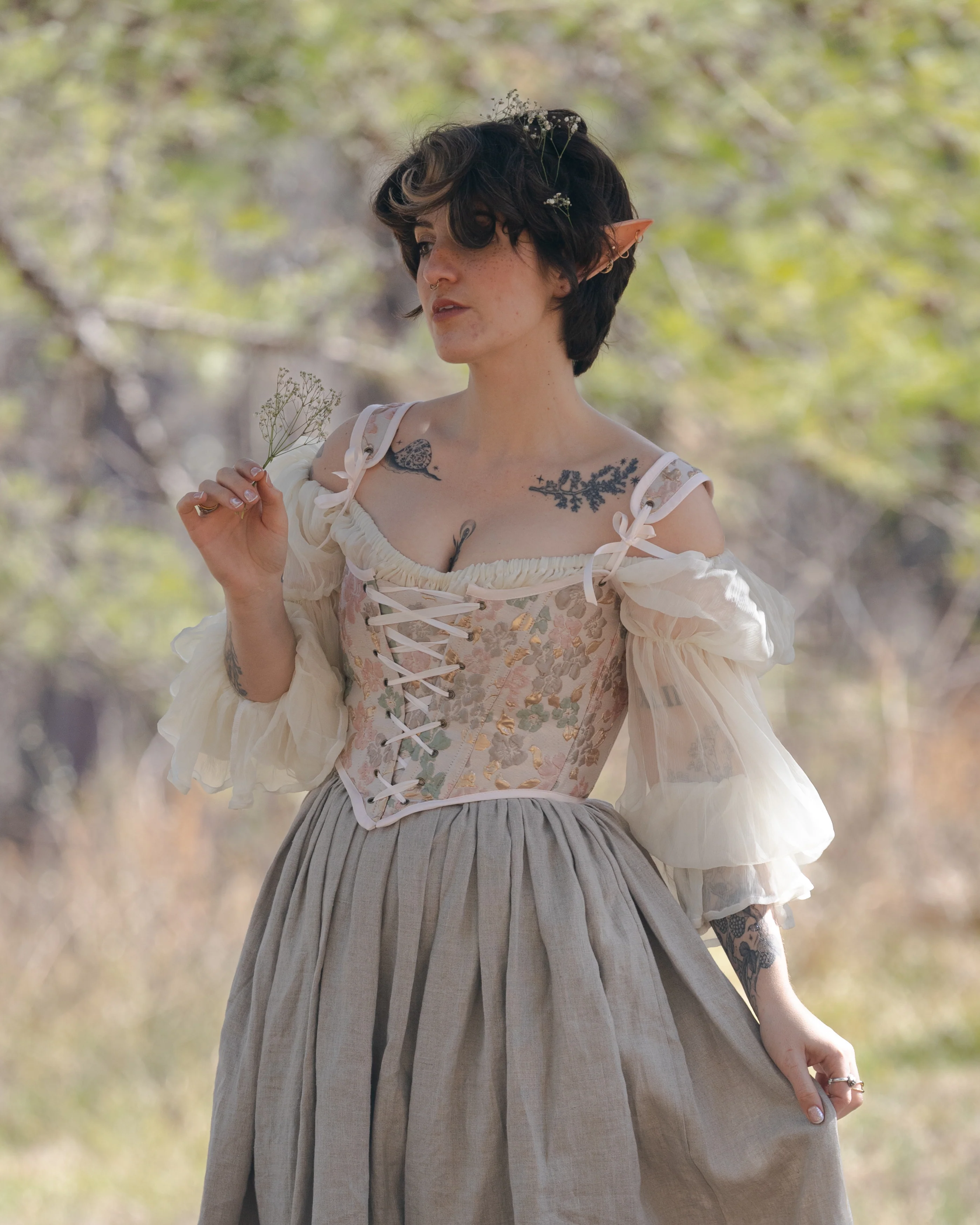 Handmade Pink Gold and Green Jacquard Corset - Image 3