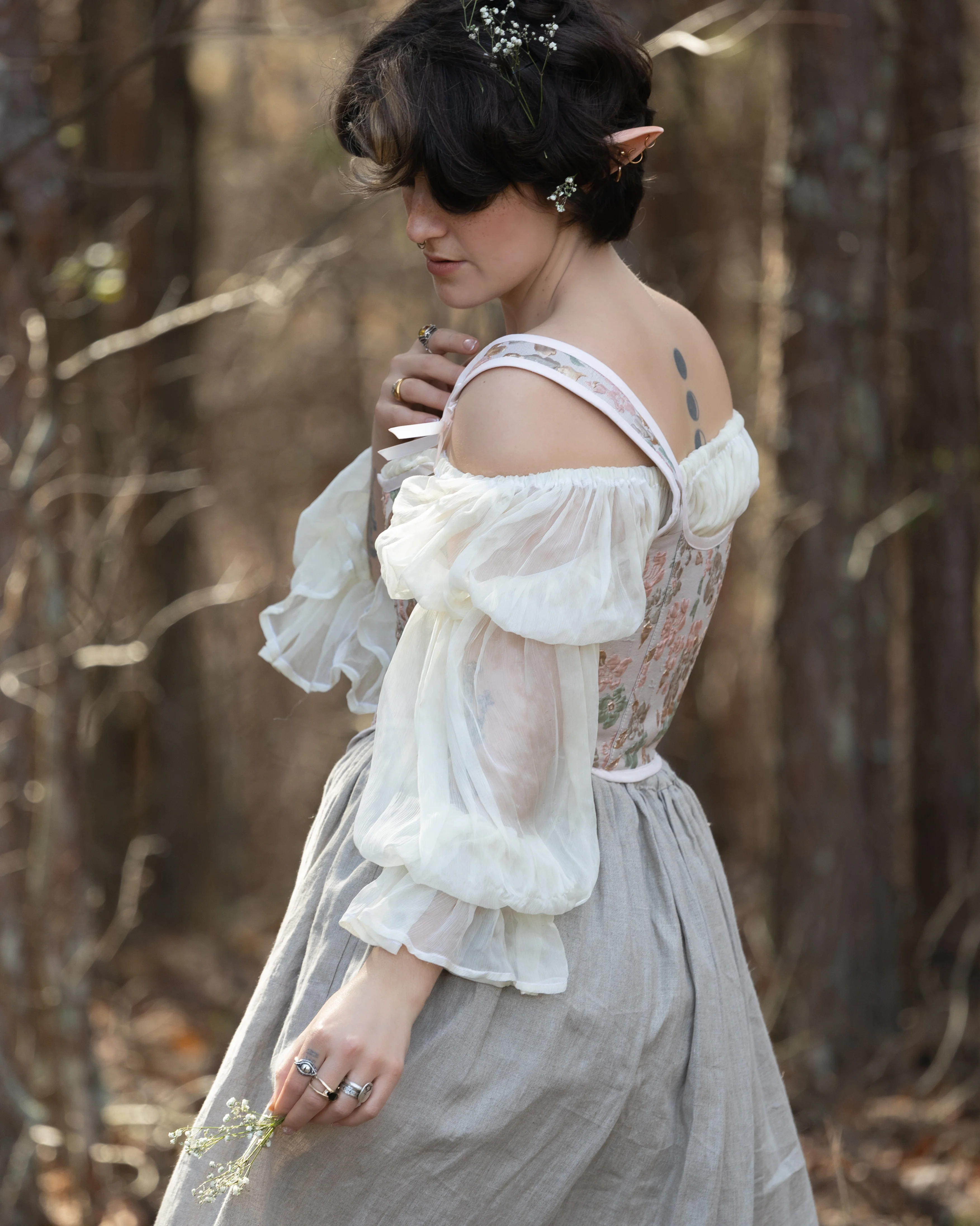 Handmade Pink Gold and Green Jacquard Corset - Image 4