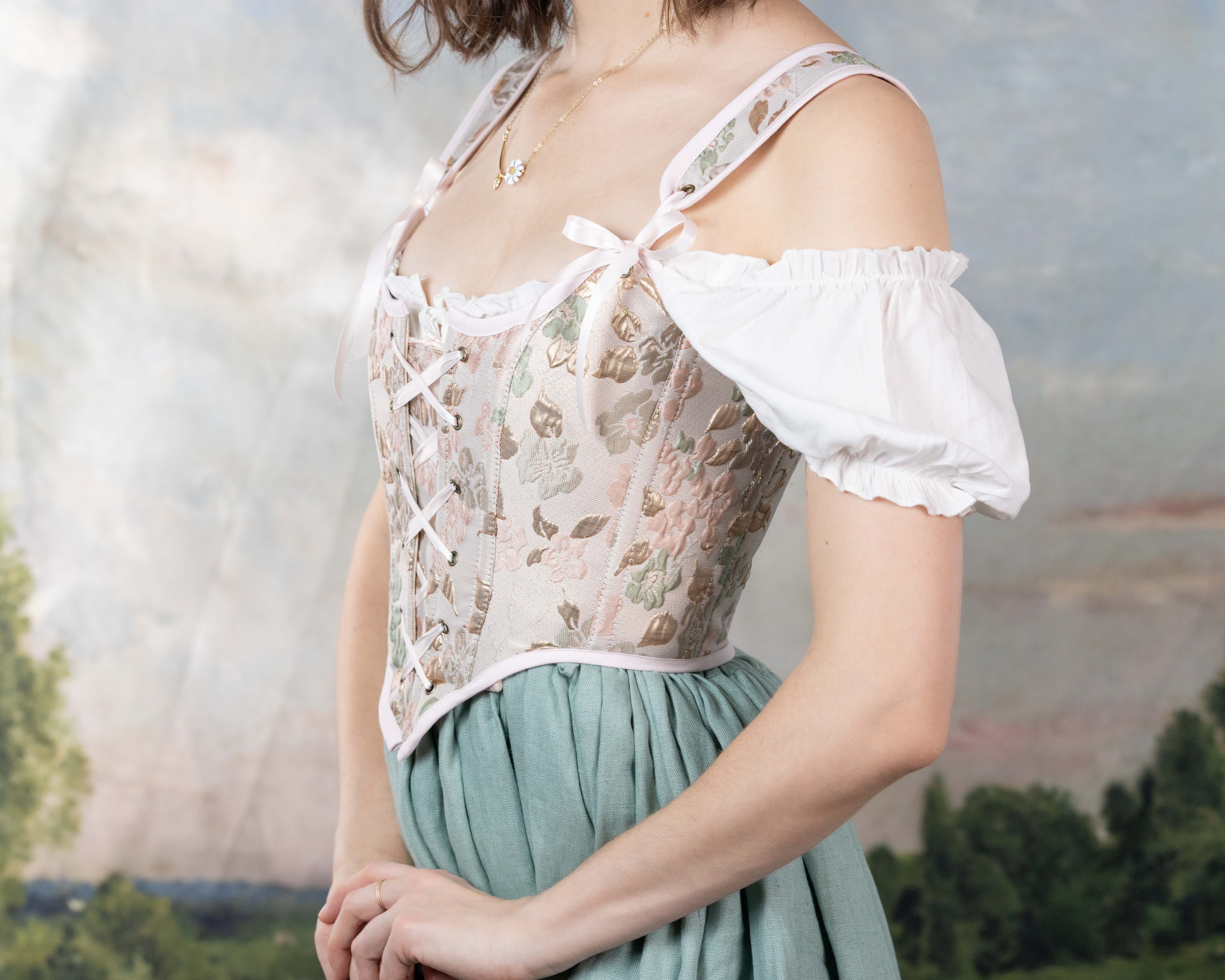 Handmade Pink Gold and Green Jacquard Corset - Image 5