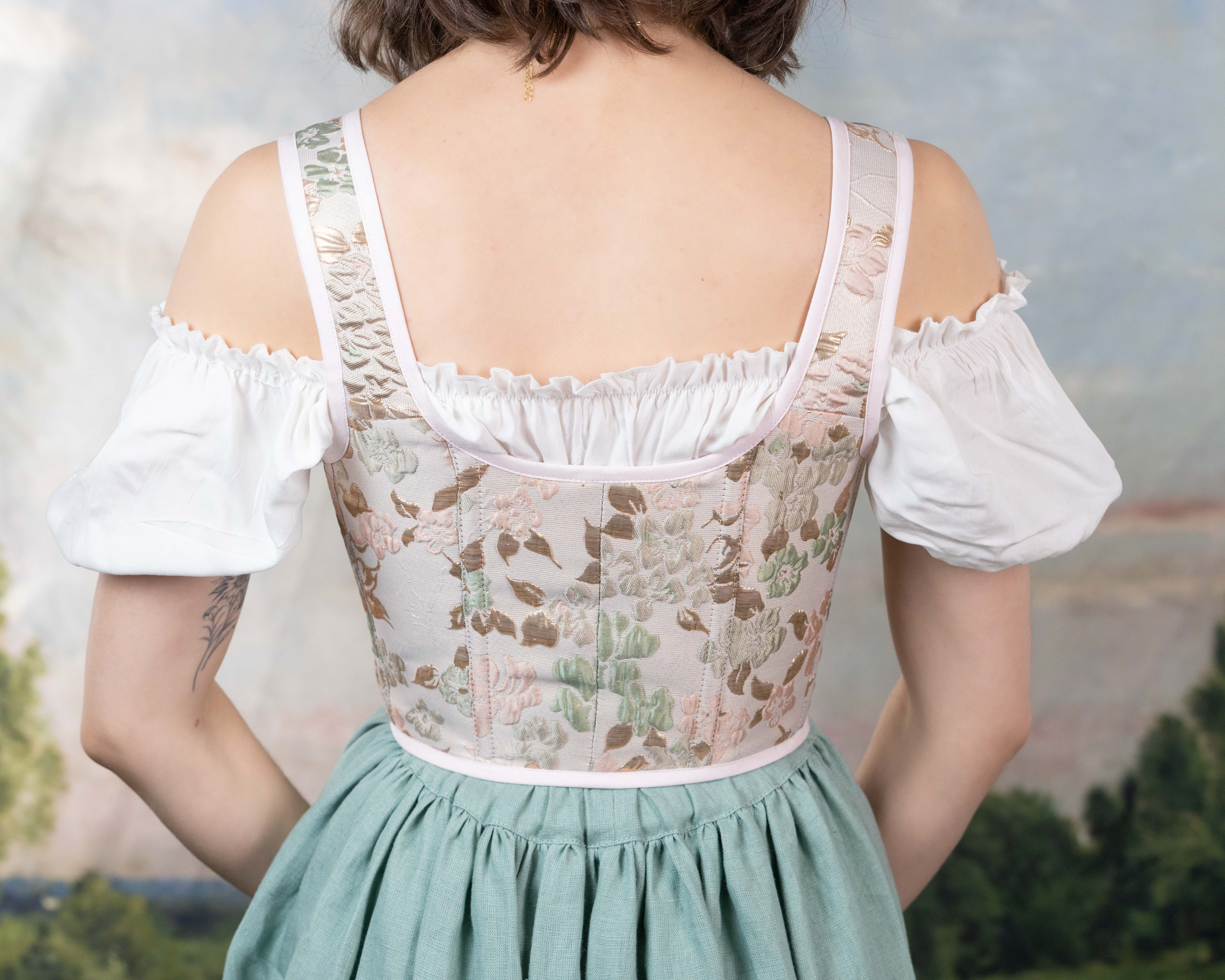 Handmade Pink Gold and Green Jacquard Corset - Image 7