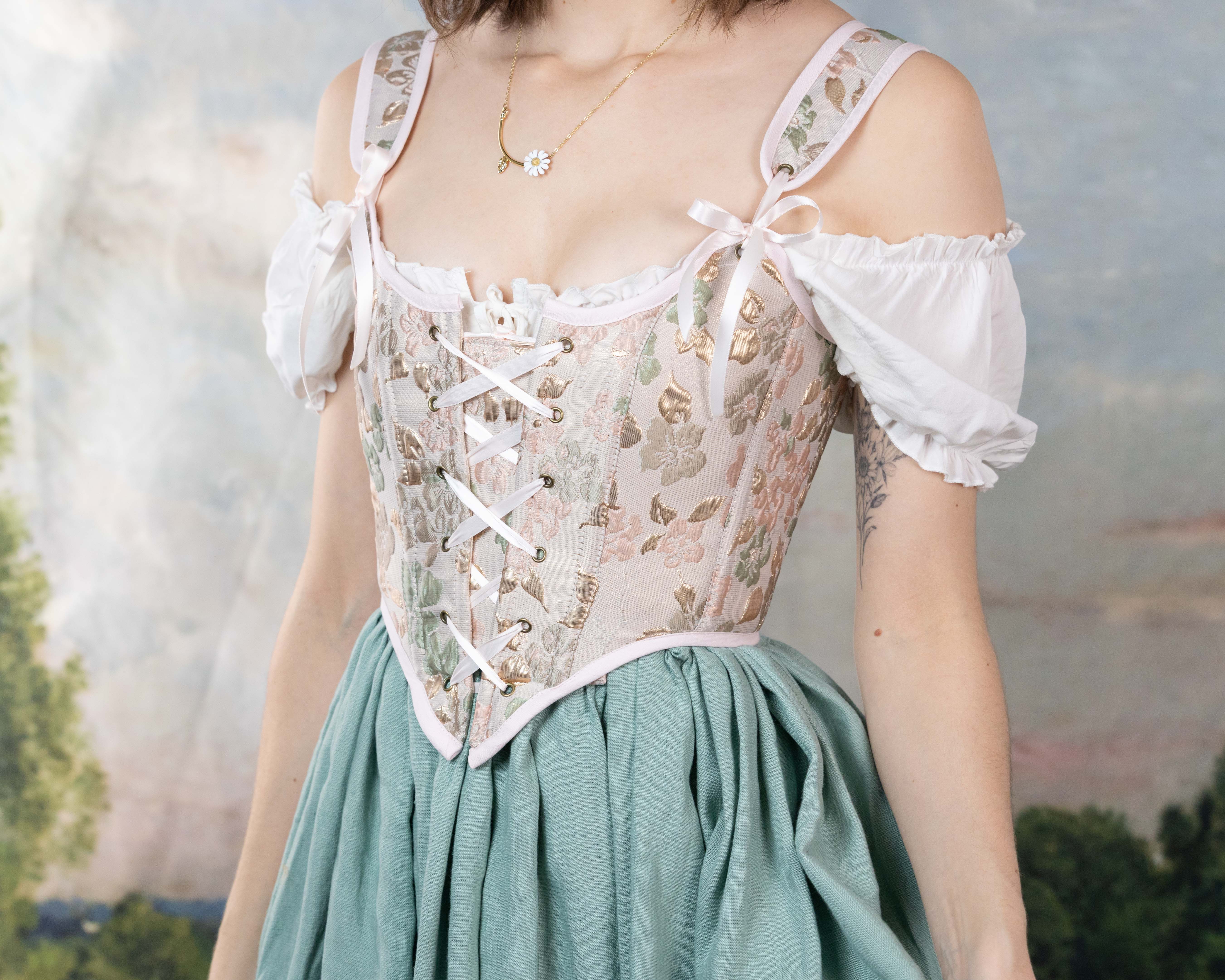 Handmade Pink Gold and Green Jacquard Corset - Image 8