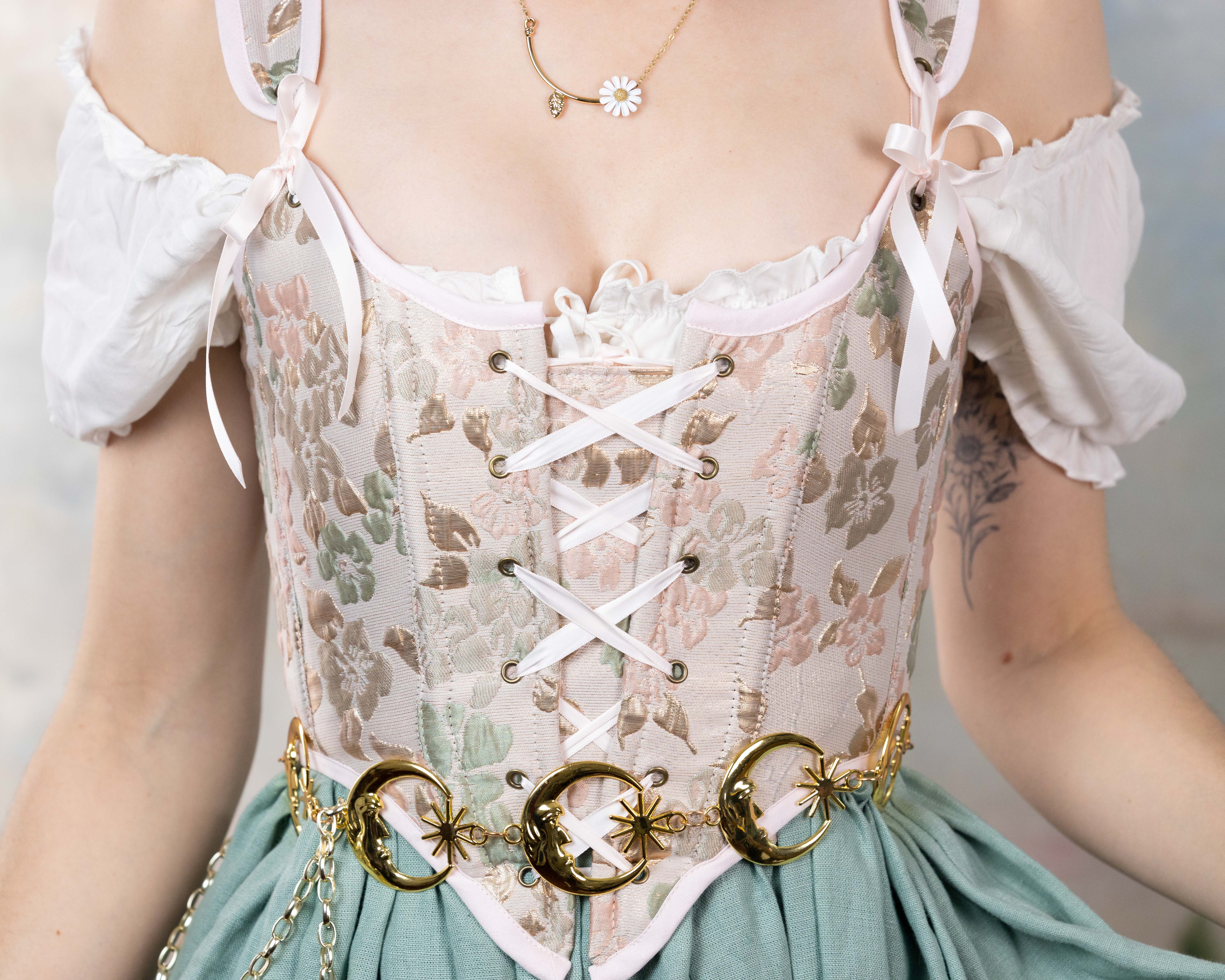 Handmade Pink Gold and Green Jacquard Corset - Image 9