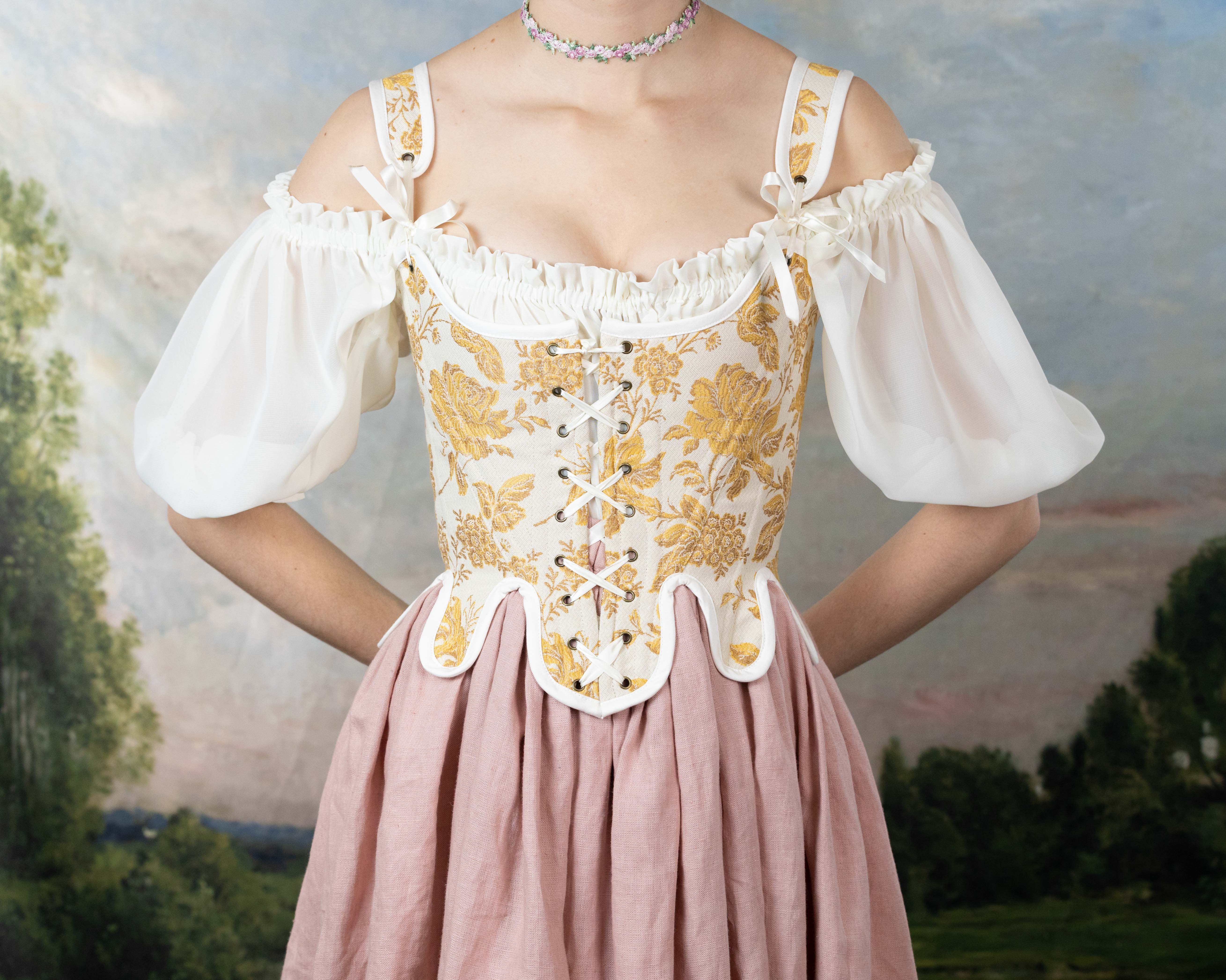 Handmade Yellow Floral Jacquard 18th Century Stays - Image 3