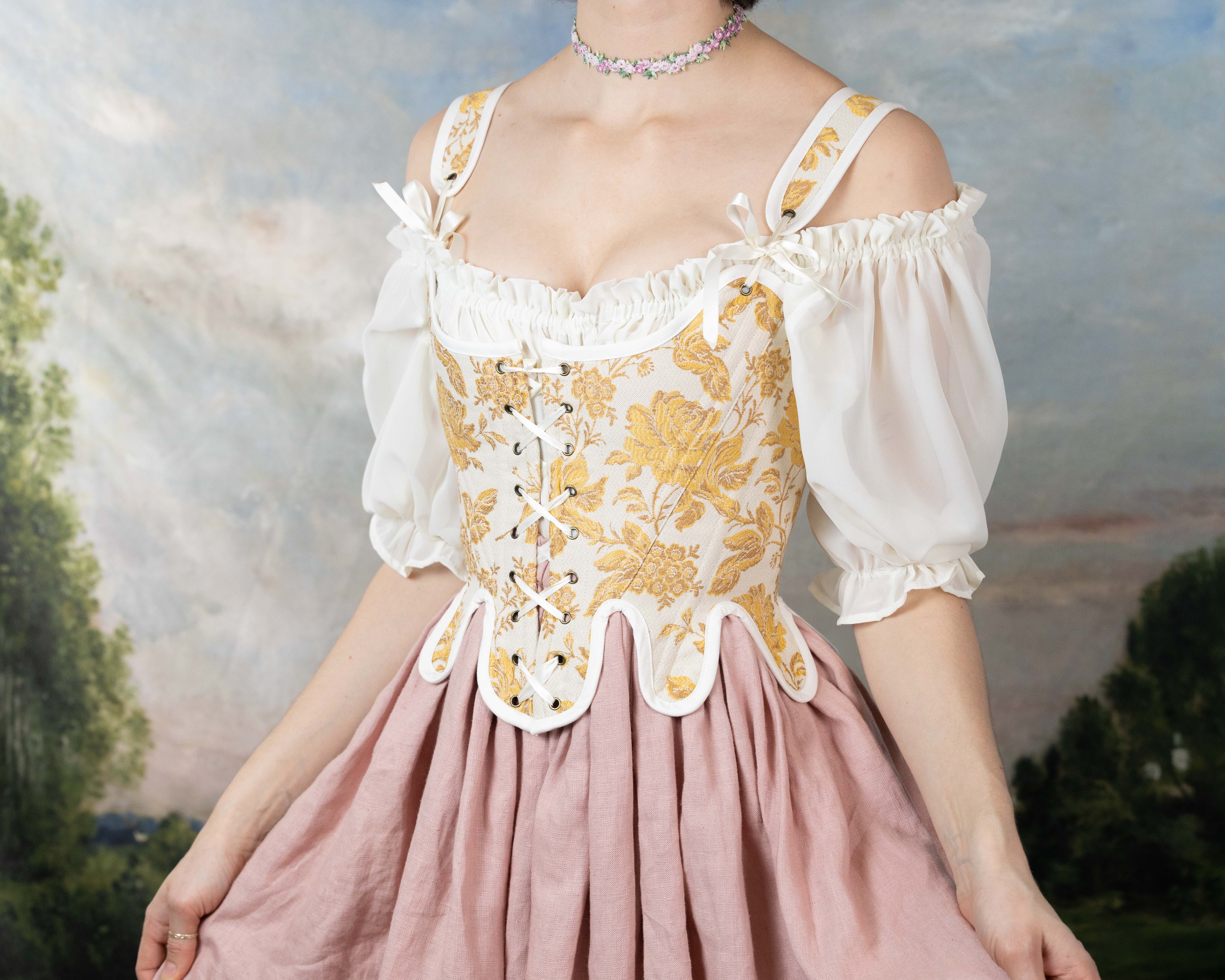 Handmade Yellow Floral Jacquard 18th Century Stays - Image 4