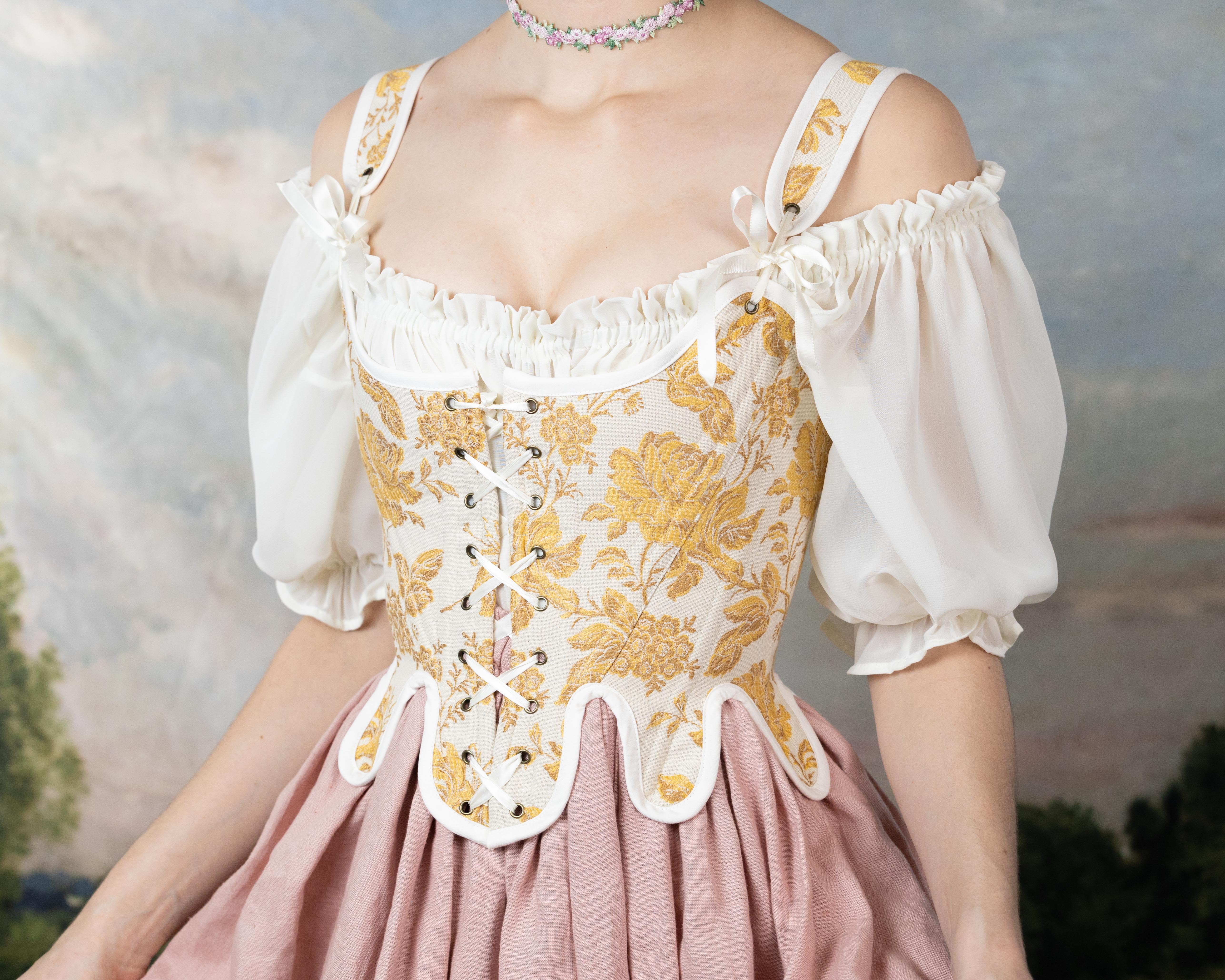 Handmade Yellow Floral Jacquard 18th Century Stays - Image 7