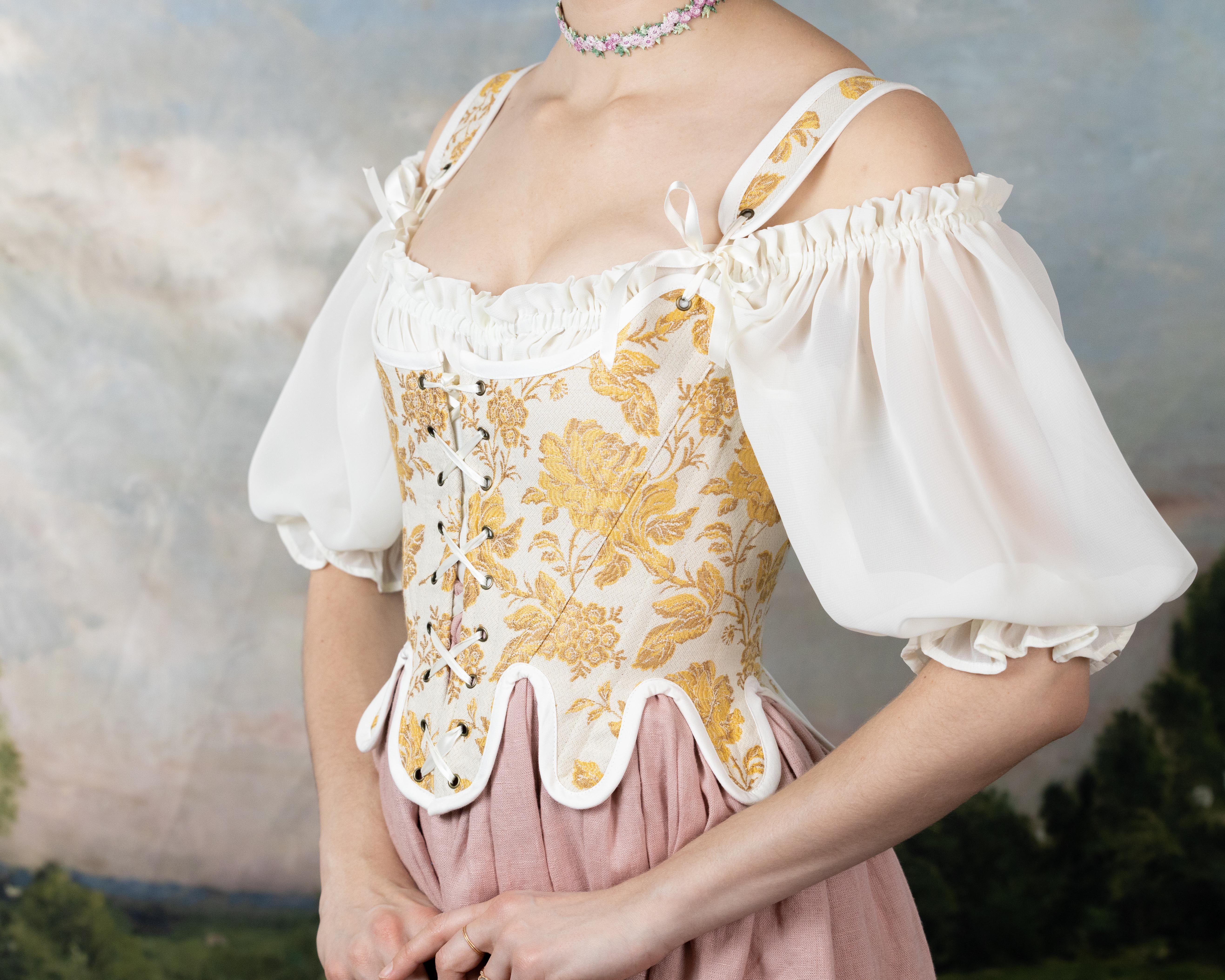 Handmade Yellow Floral Jacquard 18th Century Stays - Image 8