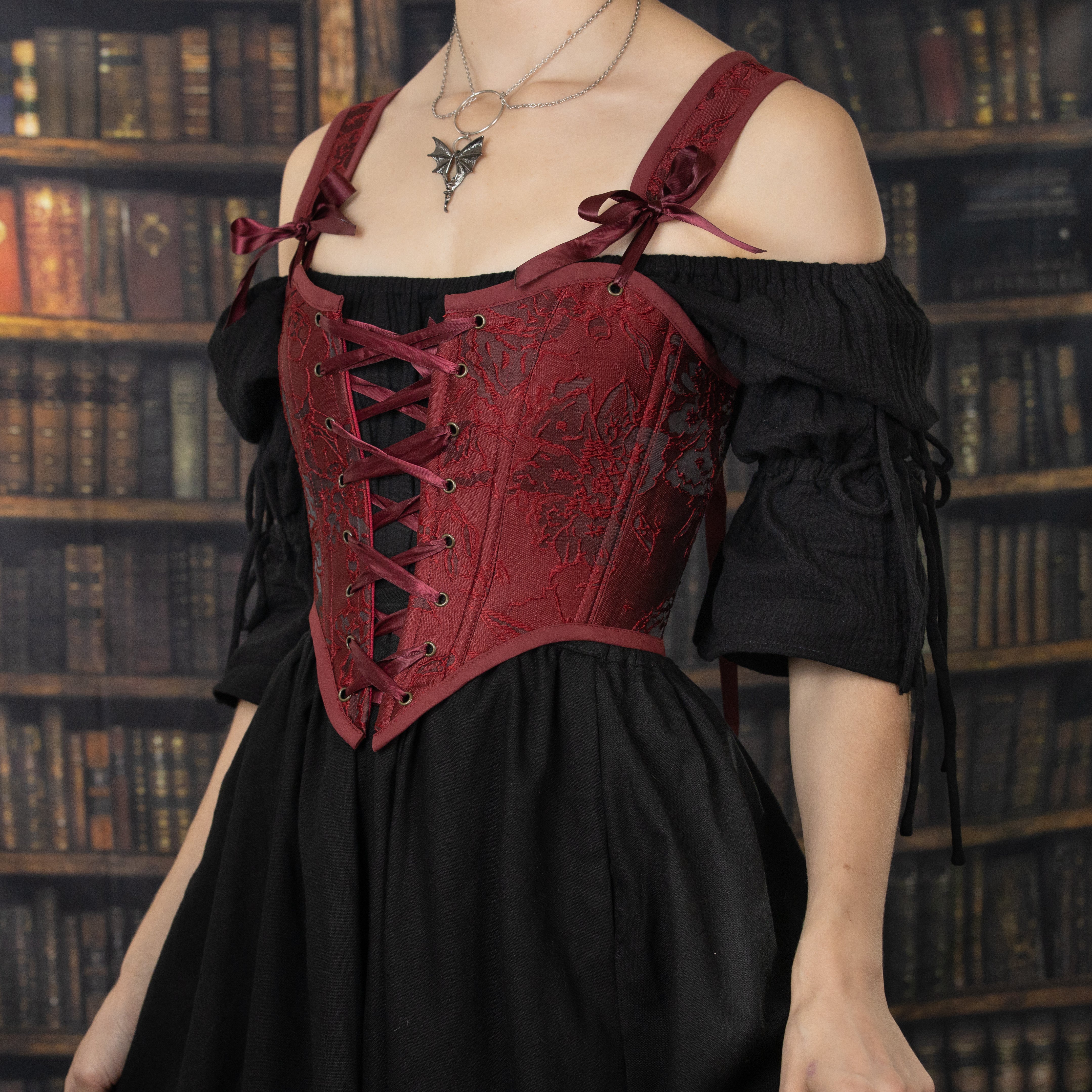 Red Floral Jacquard Corset - Image 12
