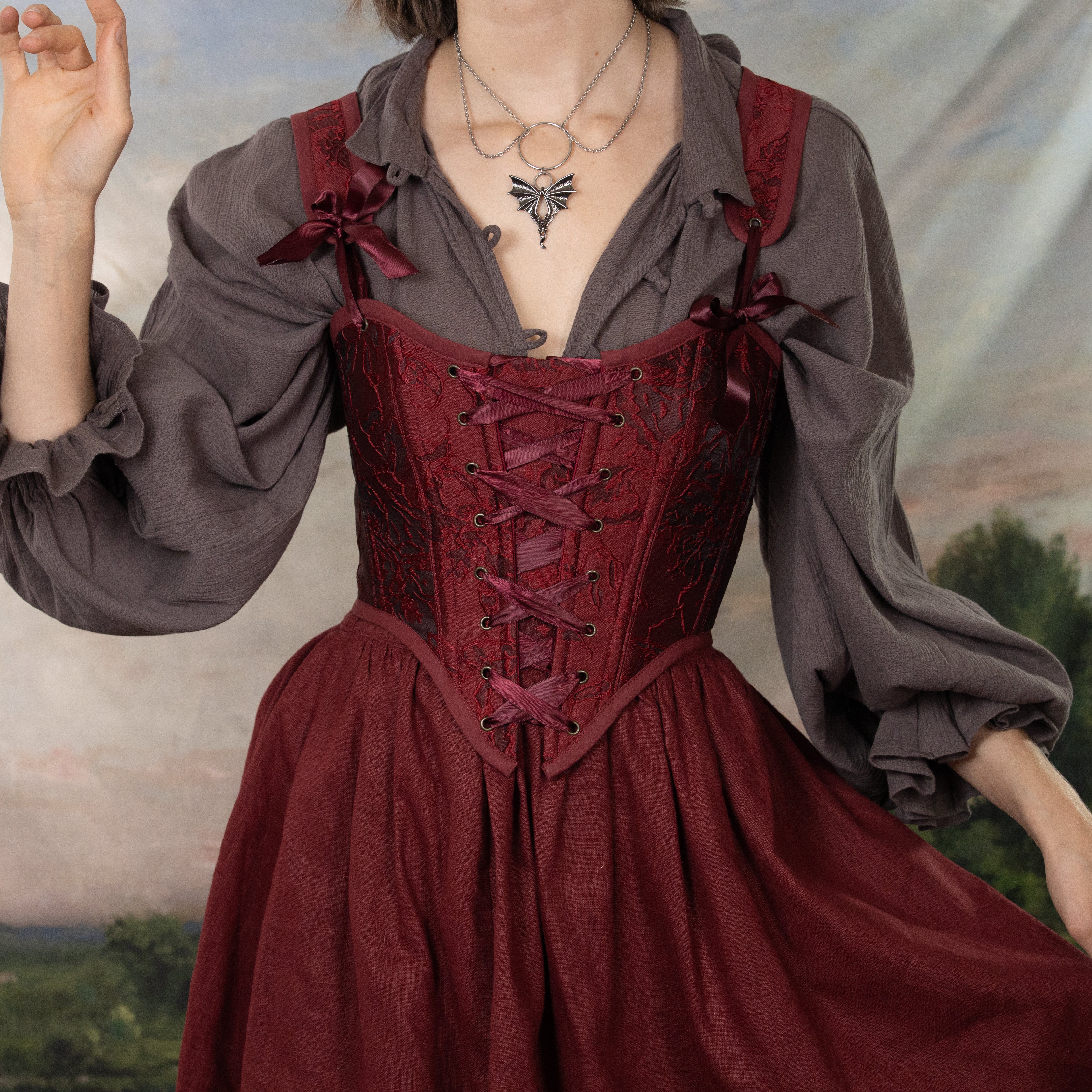 Red Floral Jacquard Corset - Image 15