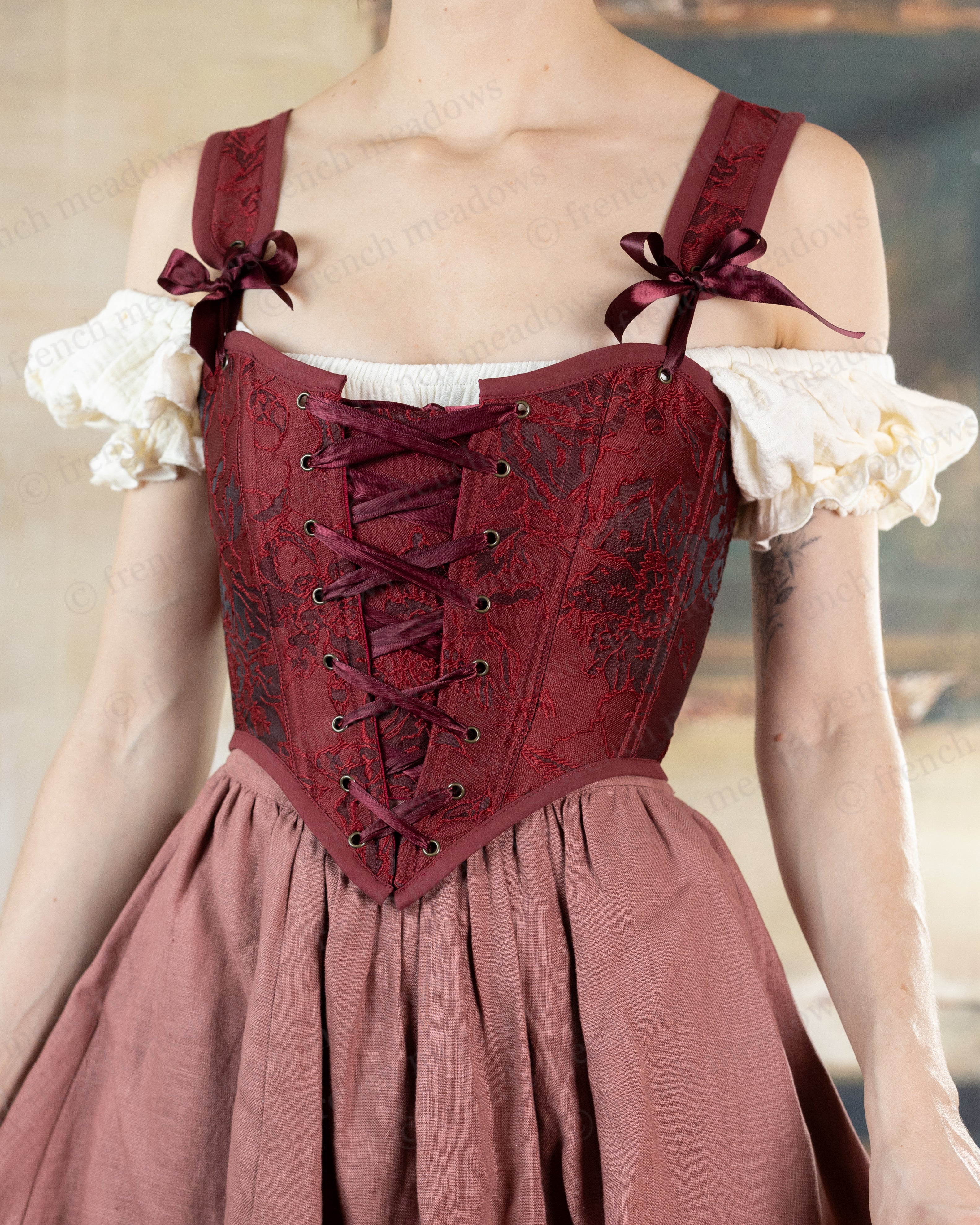 Red Floral Jacquard Corset - Image 4