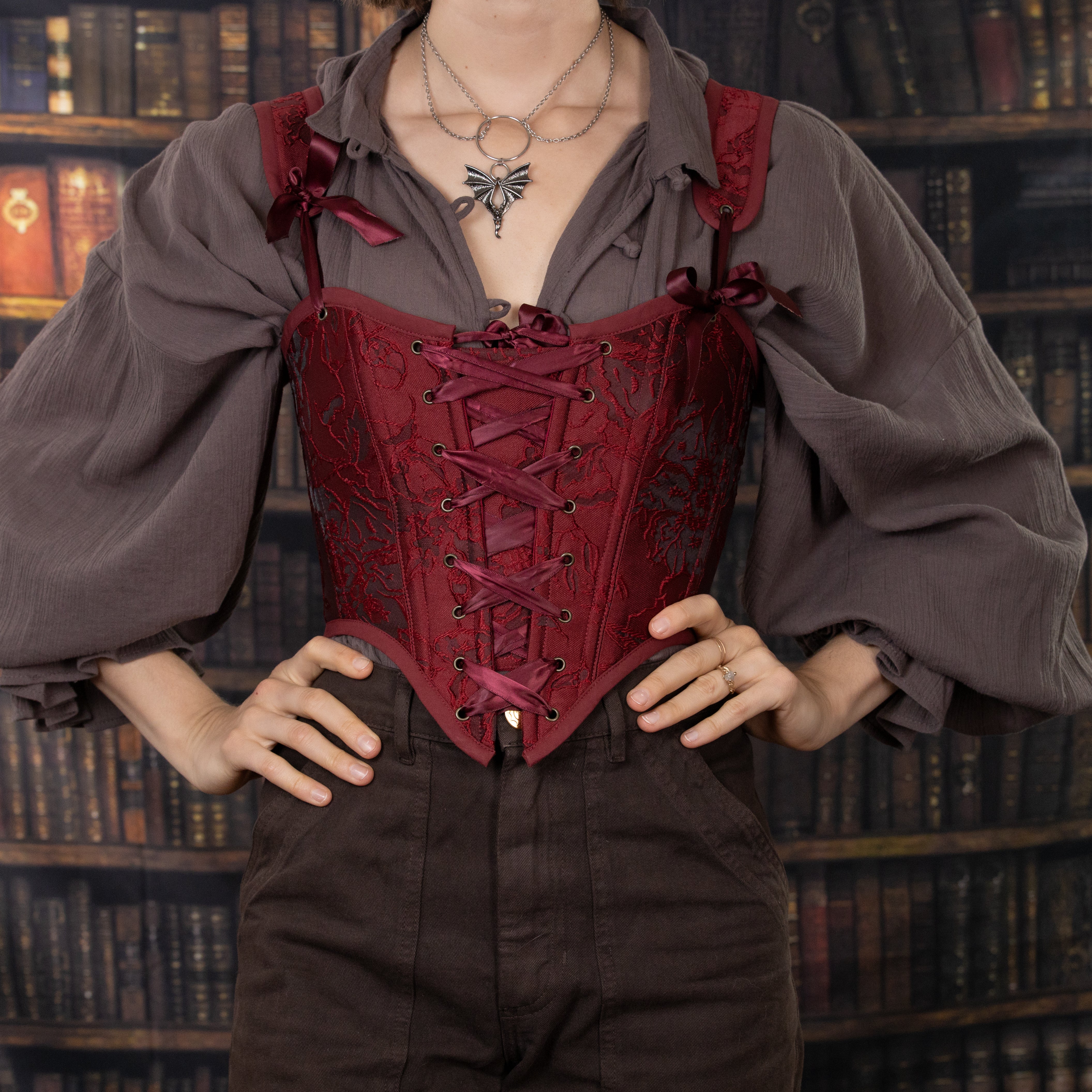 Red Floral Jacquard Corset - Image 7